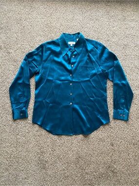 Ann Taylor Teal Silk Long-Sleeve Button-Down Shirt